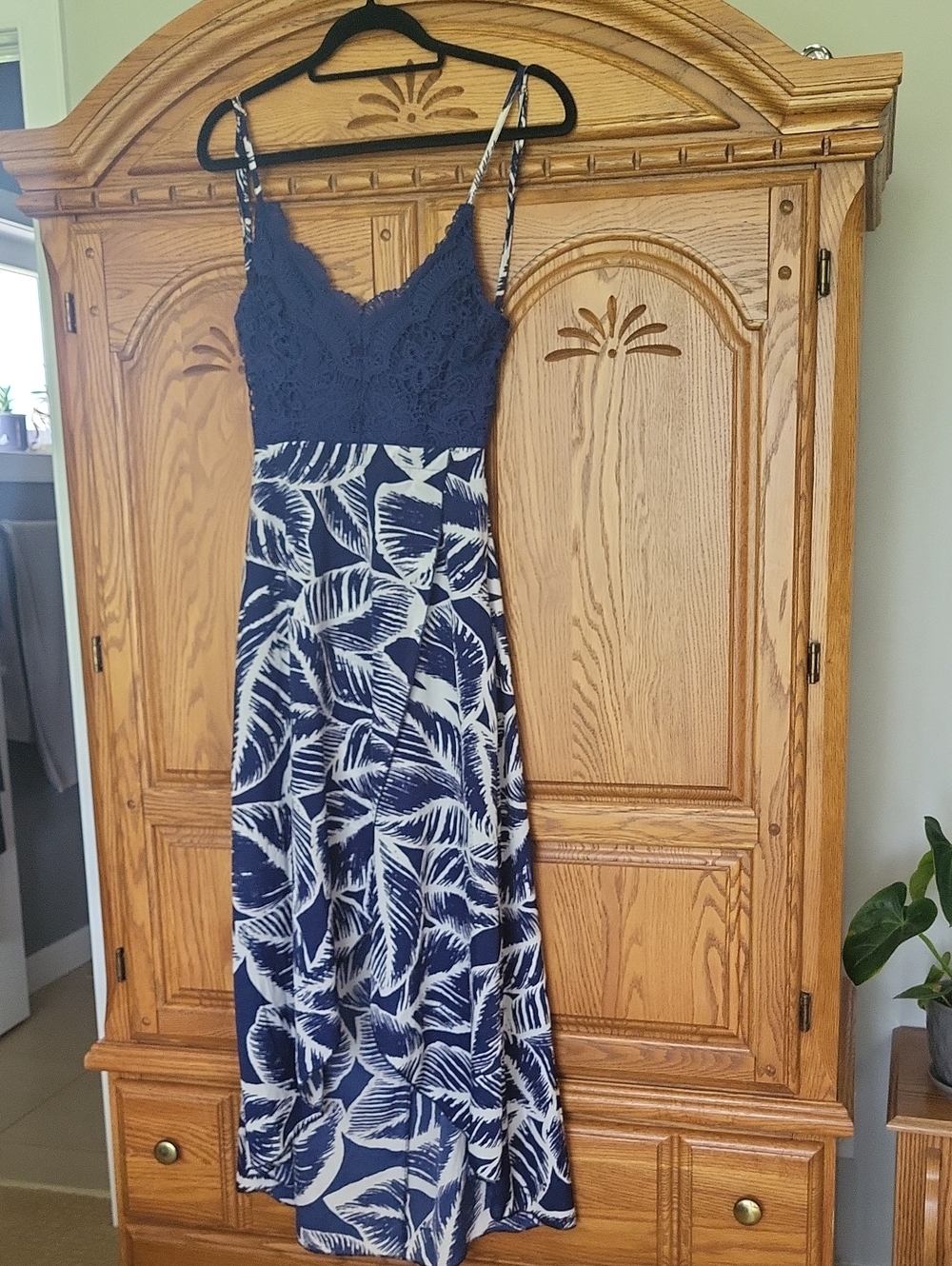 Navy Lace Bodice High Low Dress with White Leaf Print